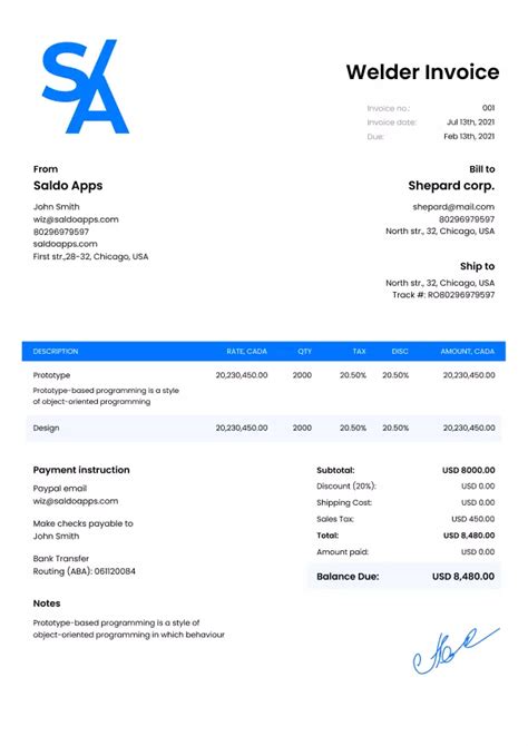 welding service invoice